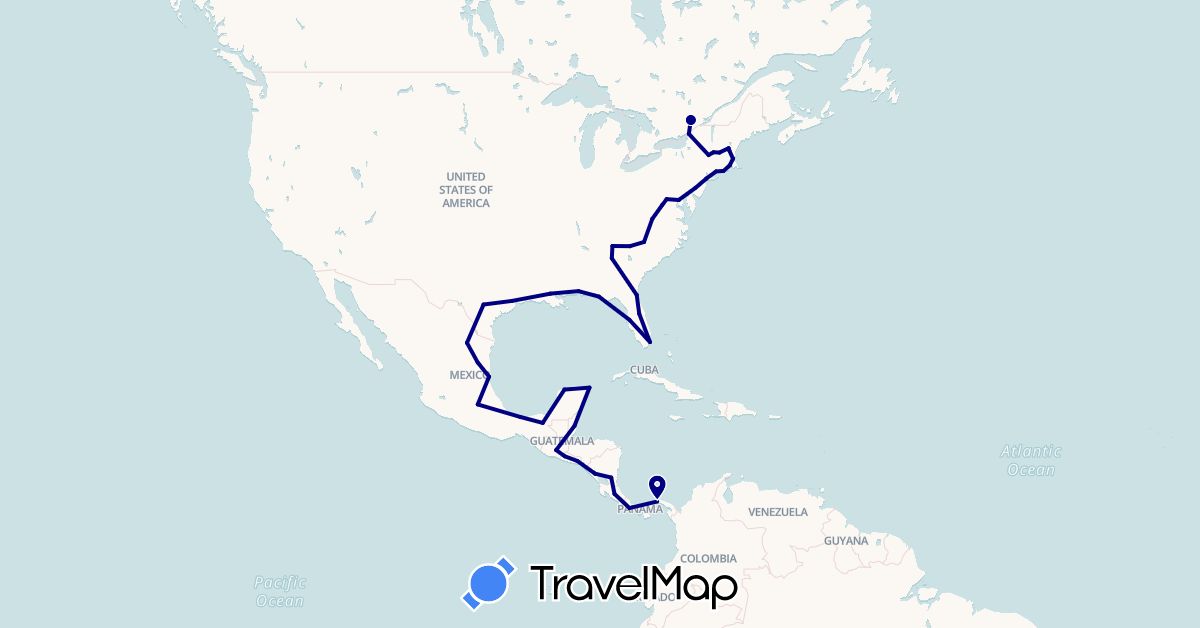 TravelMap itinerary: driving in Belize, Canada, Costa Rica, Guatemala, Mexico, Nicaragua, Panama, El Salvador, United States (North America)
